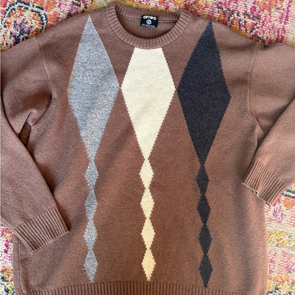 Men's Brown Geometric Sweater 100% wool large